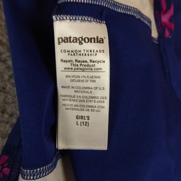 Patagonia Rash Guard Shirt Girl's Large Blue Pink Short Sleeve Mock Neck Swim - Picture 8 of 10